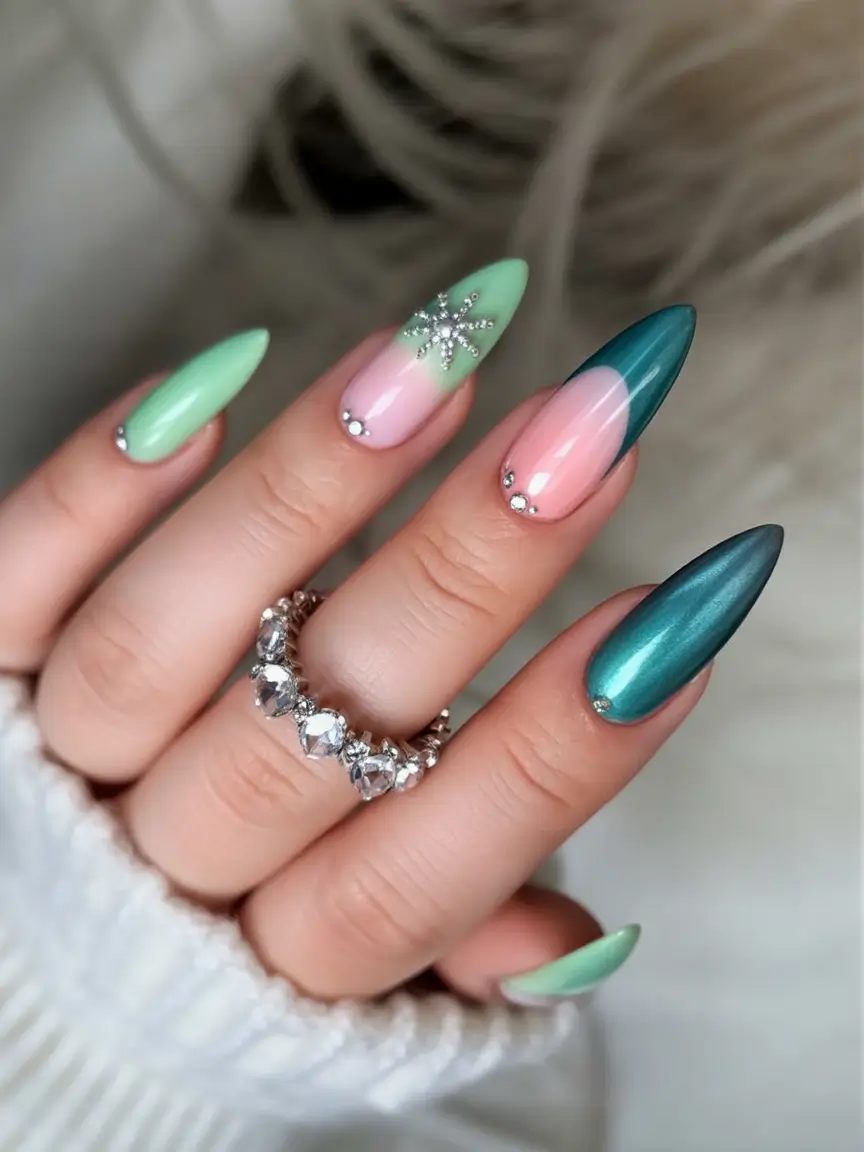 vacation nails ideas 2025+Winter Wanderlust in Mint and Chrome