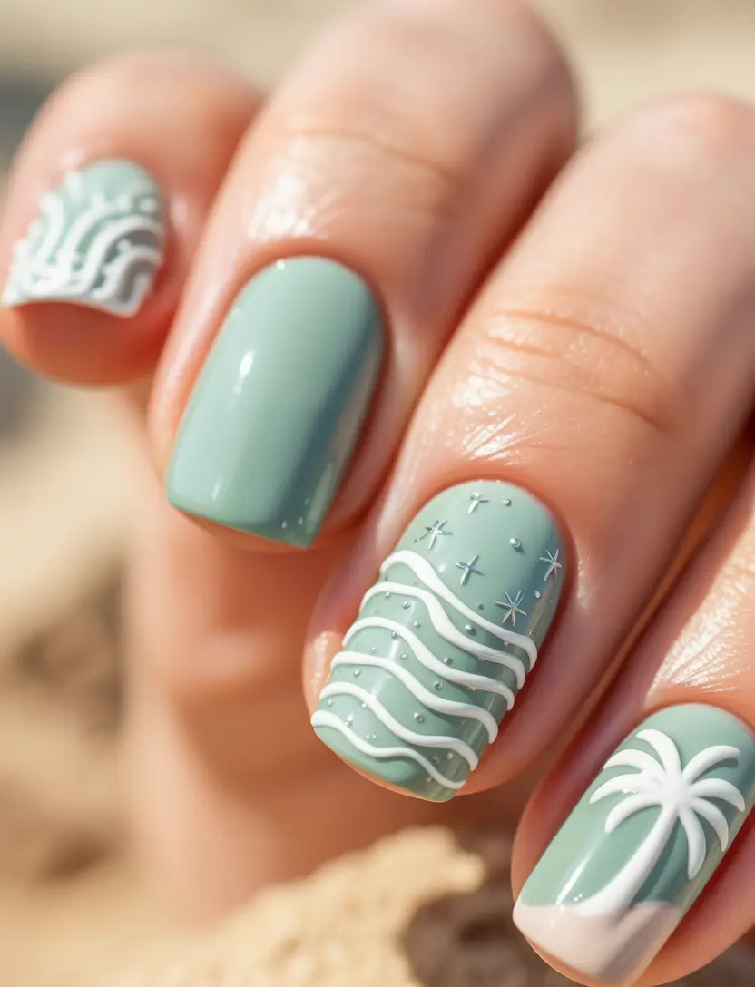 vacation nails ideas 2025 Sage Shores and Serene Lines