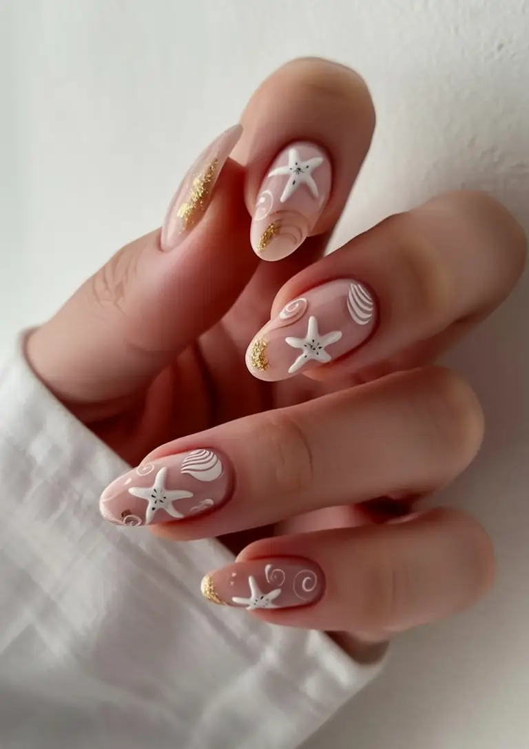 vacation nails ideas 2025 Gilded Shells and Champagne Dreams