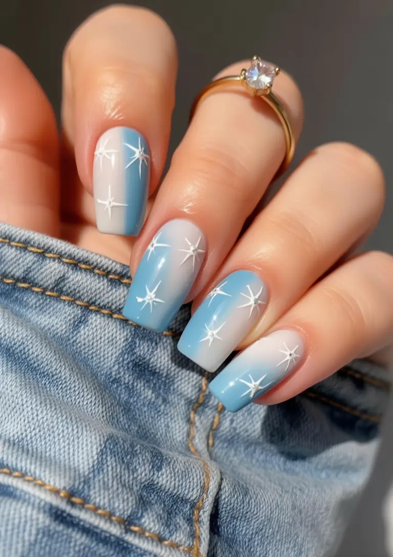 vacation nails ideas 2025 Sky Blue Sparkle Fade