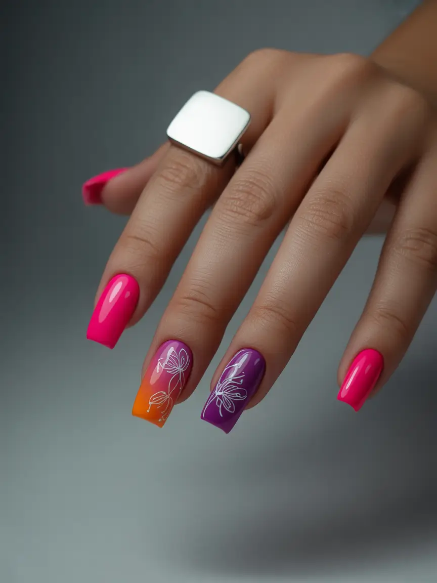 vacation nails summer 2025 Hot Pink Meets Tropics with Botanical Line Art