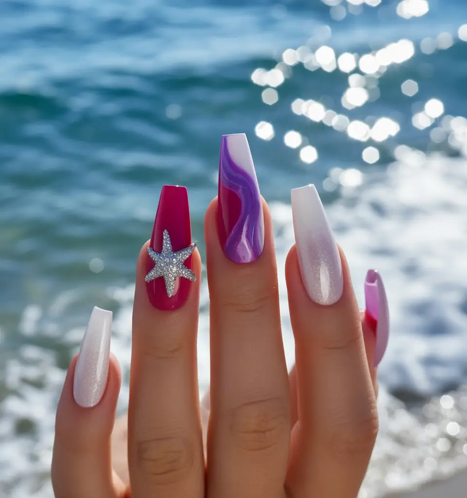 vacation nails summer 2025 Mermaid Luxe with Starry Details