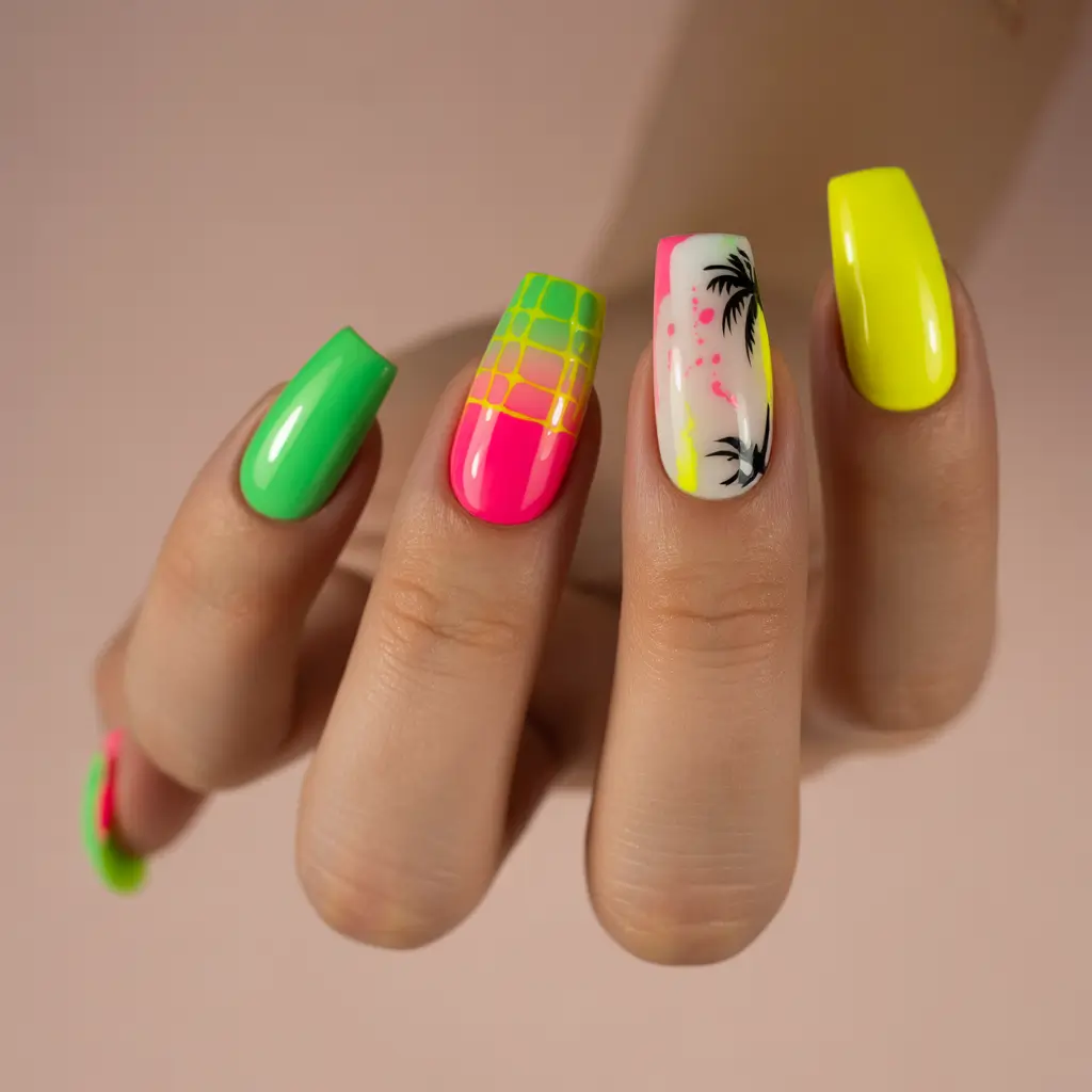 vacation nails summer 2025 Neon Playground Meets Tropical Grid