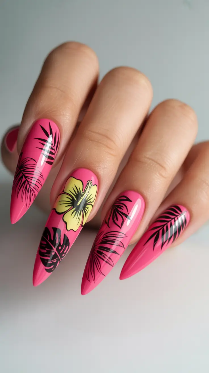 vacation nails summer 2025 Floral Jungle Drama on Stiletto Tips