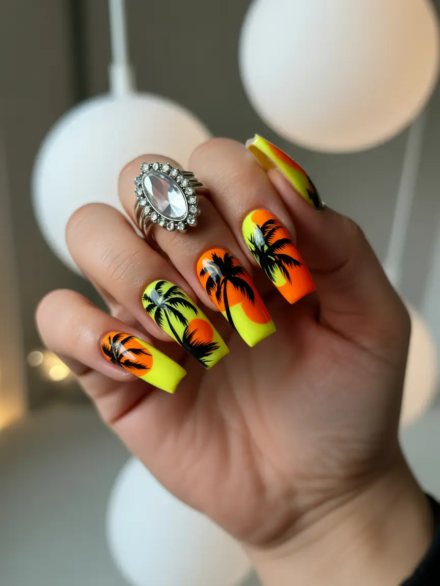 vacation nails summer 2025 Sunset Palms and Neon Gradients