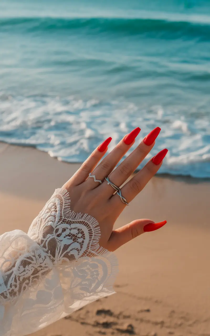 vacation nails summer 2025 Classic Red for Beach Glamour
