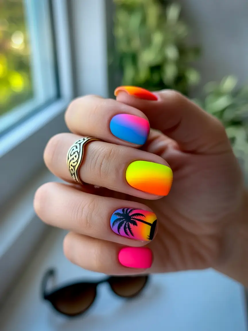 vacation nails summer 2025 Neon Sunset Vibes with a Mini Palm