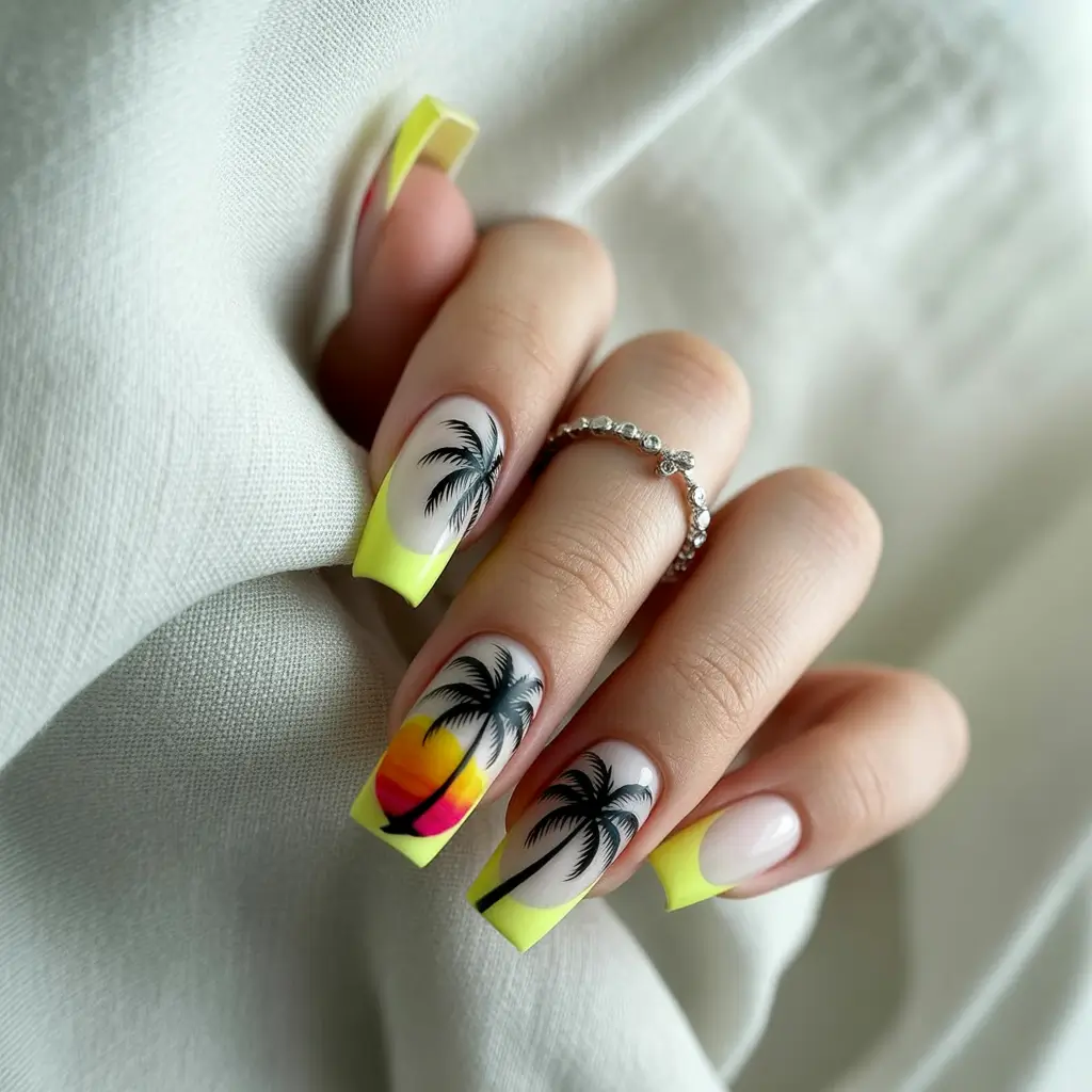 vacation nails summer 2025 Fluoro French with Sunset Dreams