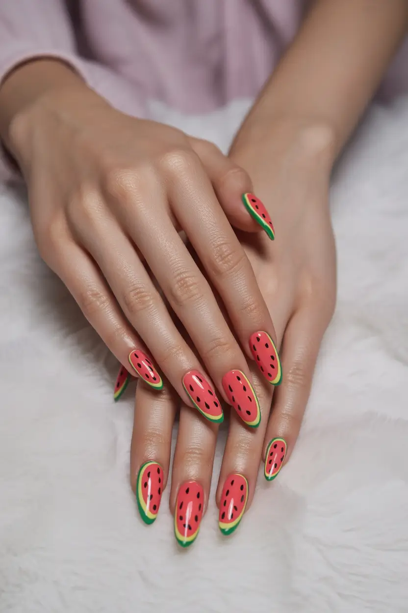 watermelon nails ideas 2025 Bold Watermelon Vibes with a Glossy Almond Finish