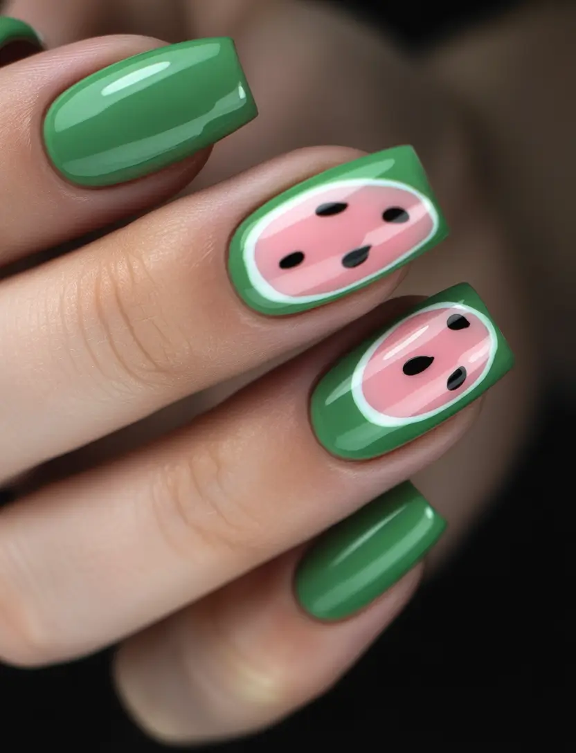 watermelon nails ideas 2025 Reverse Watermelon on Green Base