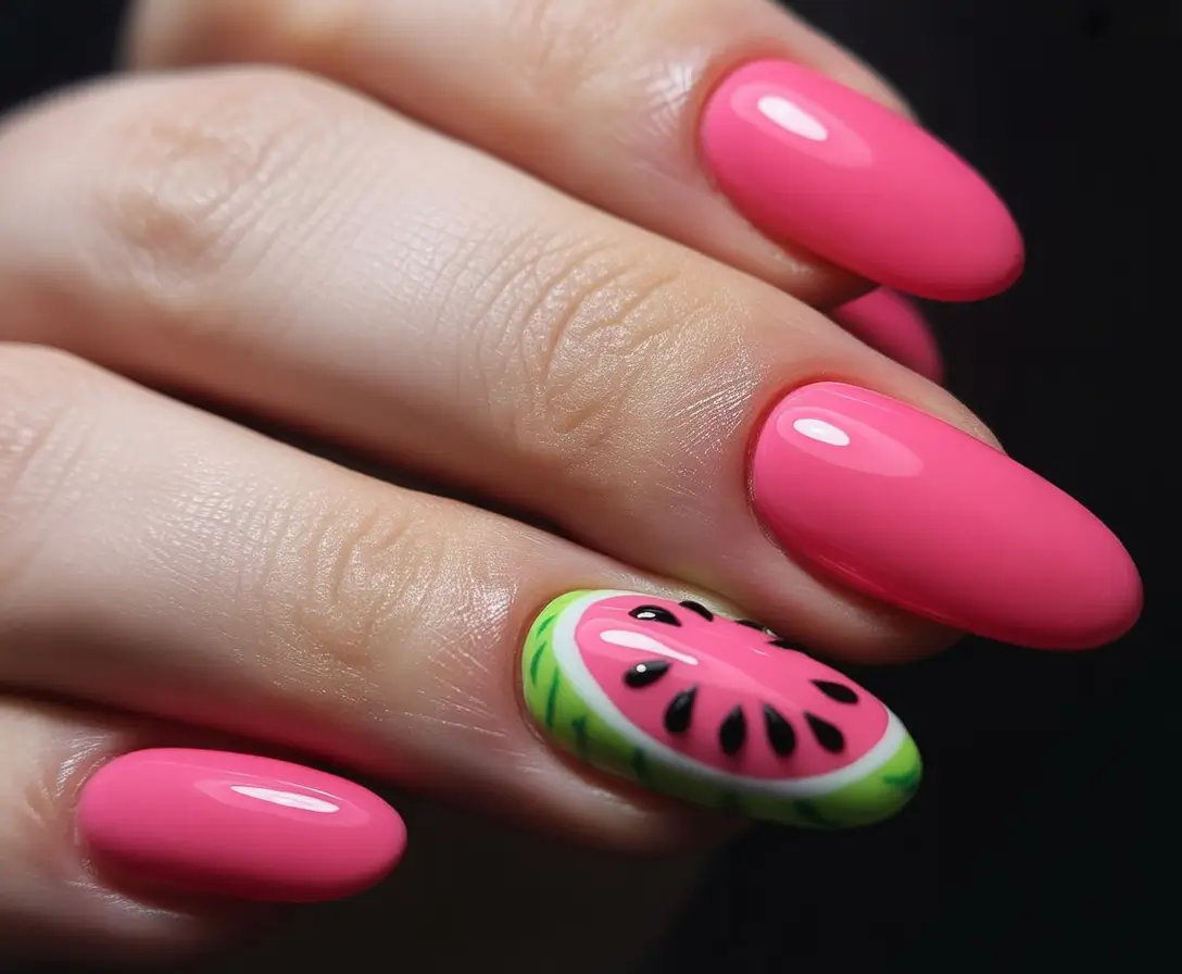 watermelon nails ideas 2025 Juicy Pink and Bold 3D Watermelon Slice