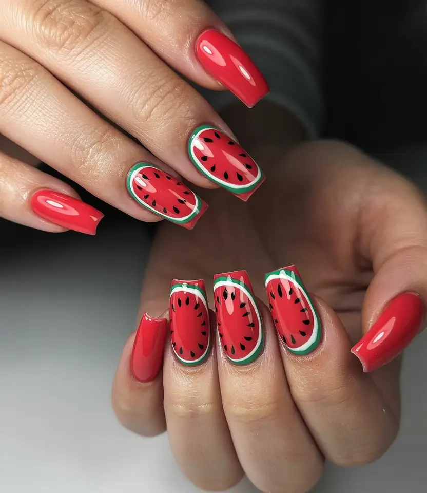 watermelon nails ideas 2025 Glossy Red Watermelon Halves with Graphic Precision