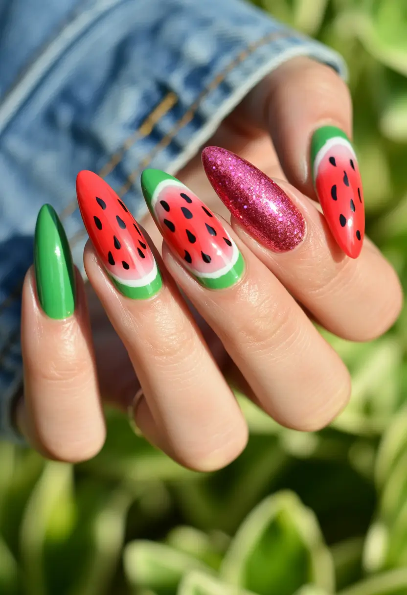 watermelon nails ideas 2025 Glitter Meets Fruit in a Bold Almond Look