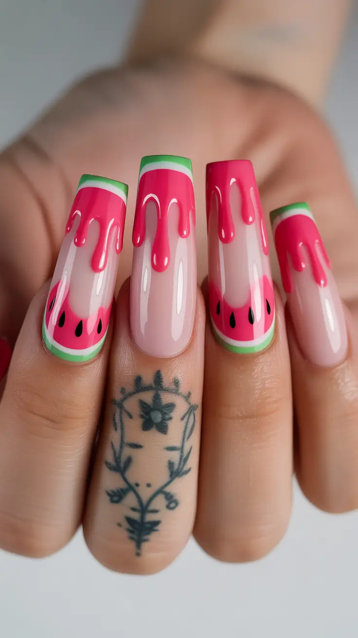 watermelon nails ideas 2025 Drippy Watermelon Melt for the Bold at Heart