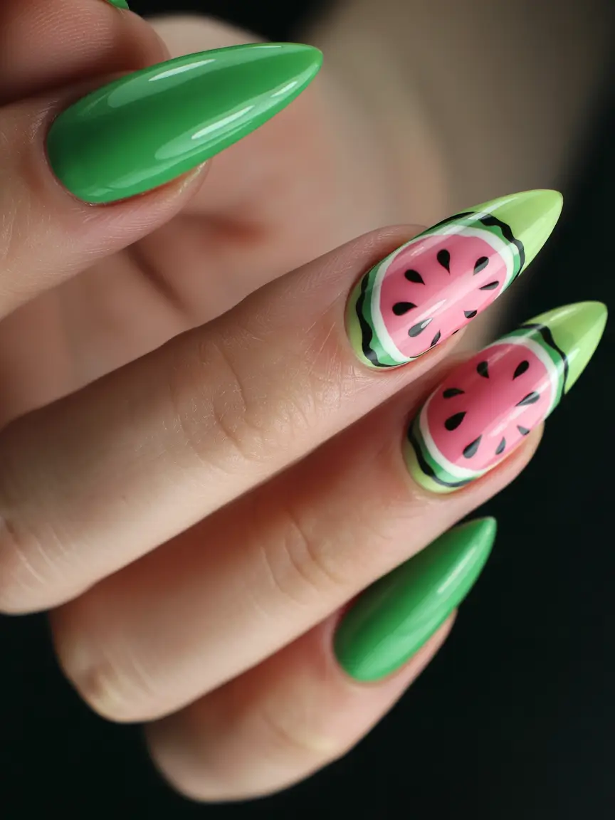 watermelon nails ideas 2025 Pointy Green Perfection with Watermelon Accents