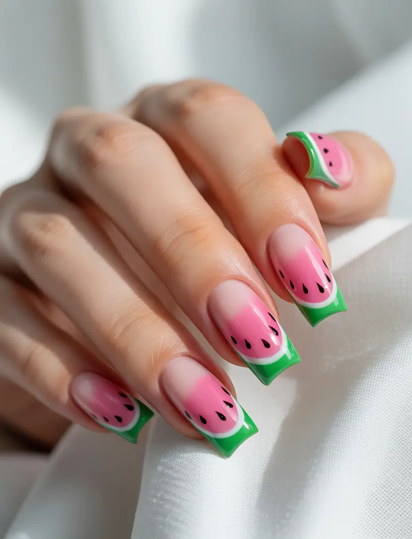 watermelon nails ideas 2025 French Fade Watermelon Tips
