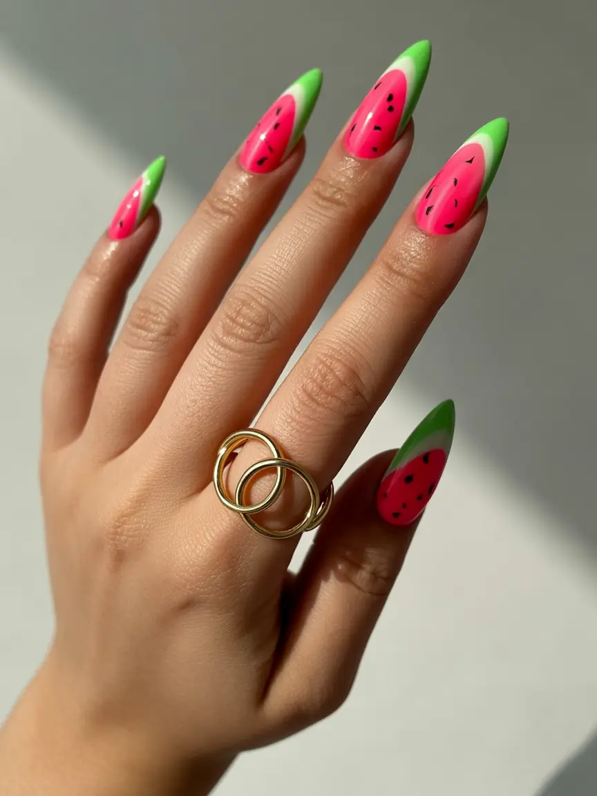 watermelon nails ideas 2025 Playful Pink Pop with a Neon Twist