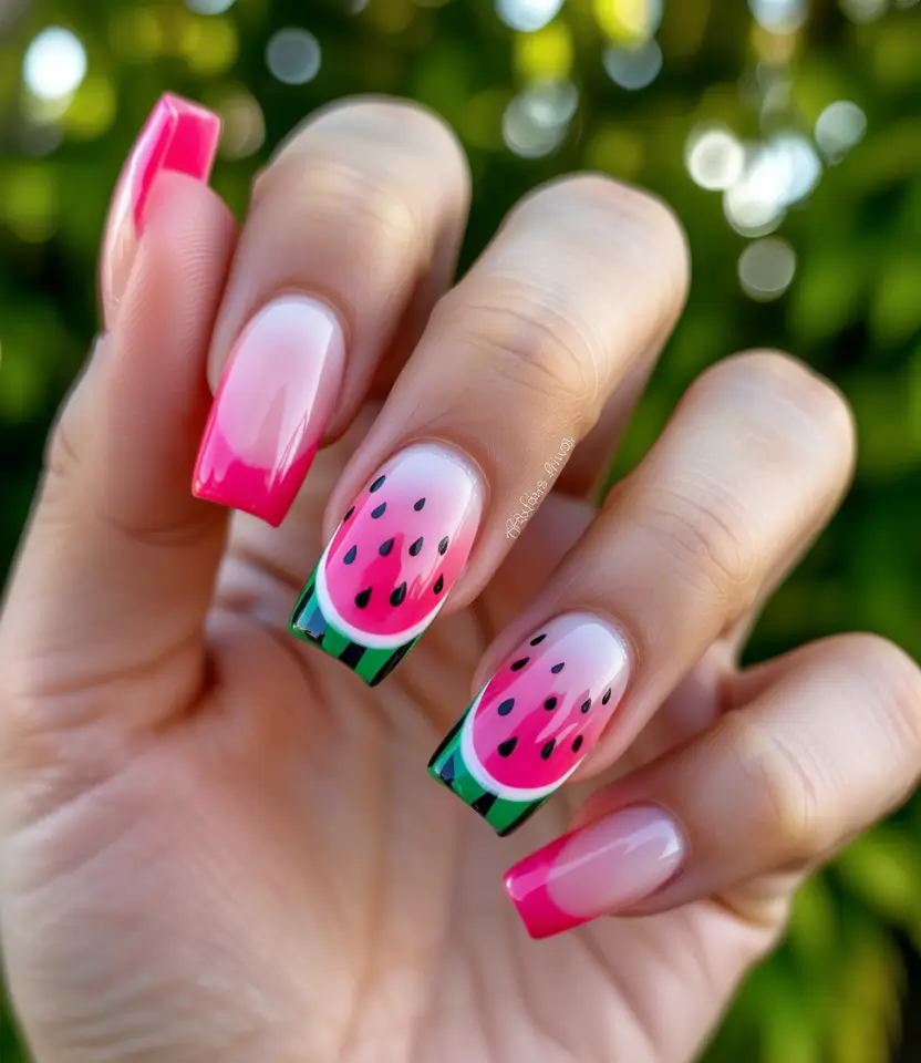 watermelon nails ideas 2025 Juicy Summer French Tips with Watermelon Flair