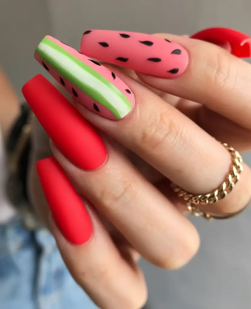 watermelon nails ideas 2025 Matte Bold and Graphic Slices