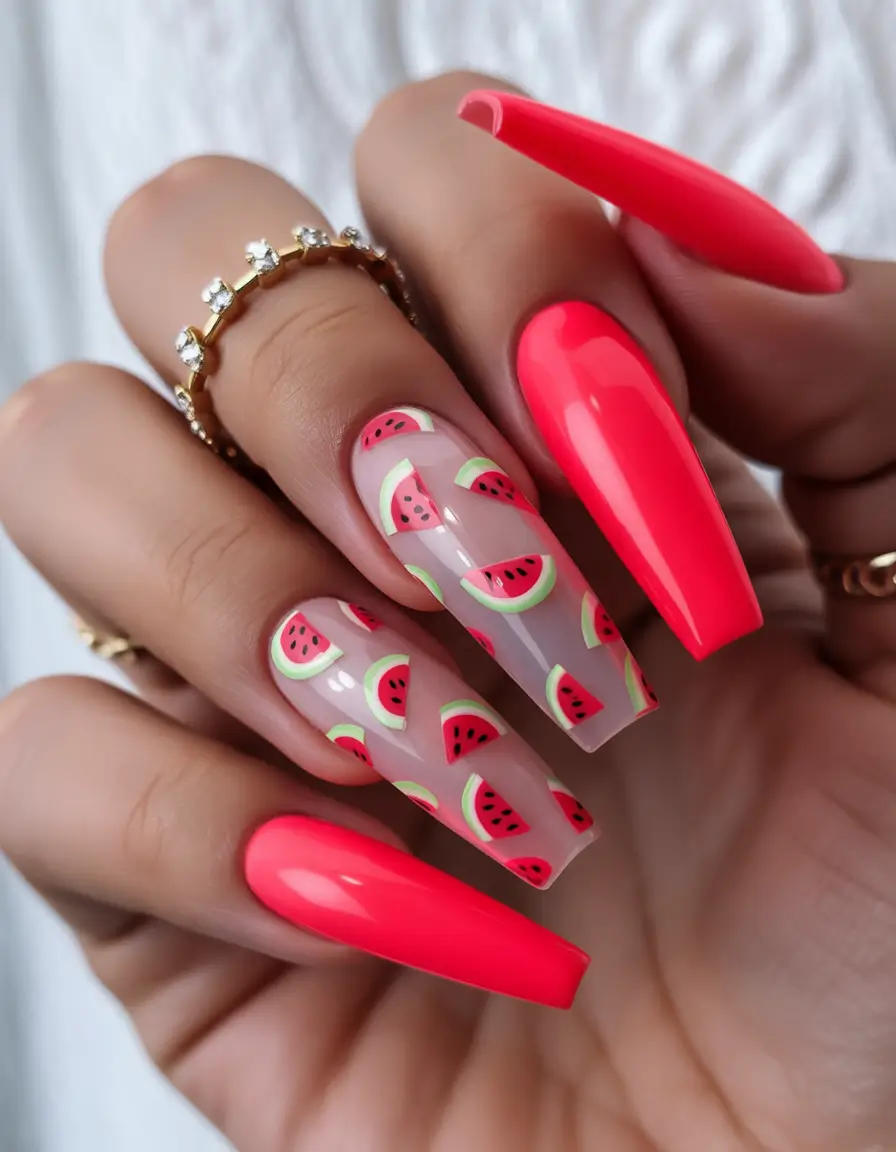 watermelon nails ideas 2025 Glossy Neon with Watermelon Confetti