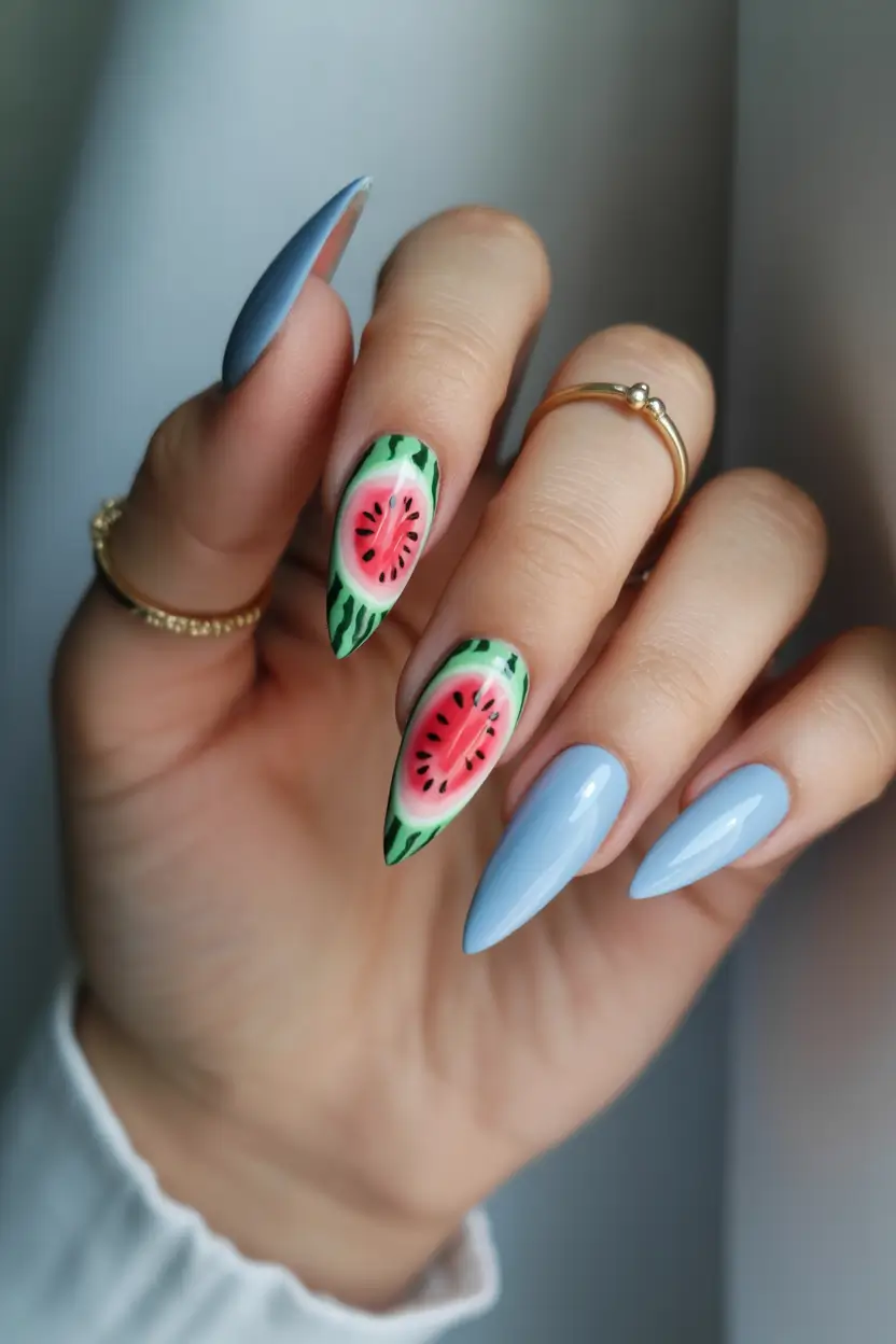 watermelon nails ideas 2025 Sky Blue Meets Juicy Watermelon Point