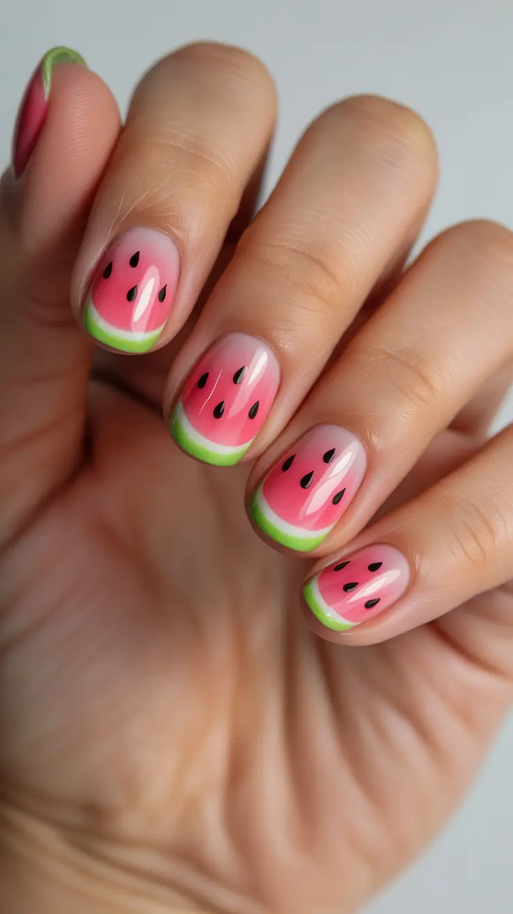 watermelon nails ideas 2025 Sweet and Subtle Watermelon Tips on Short Nails