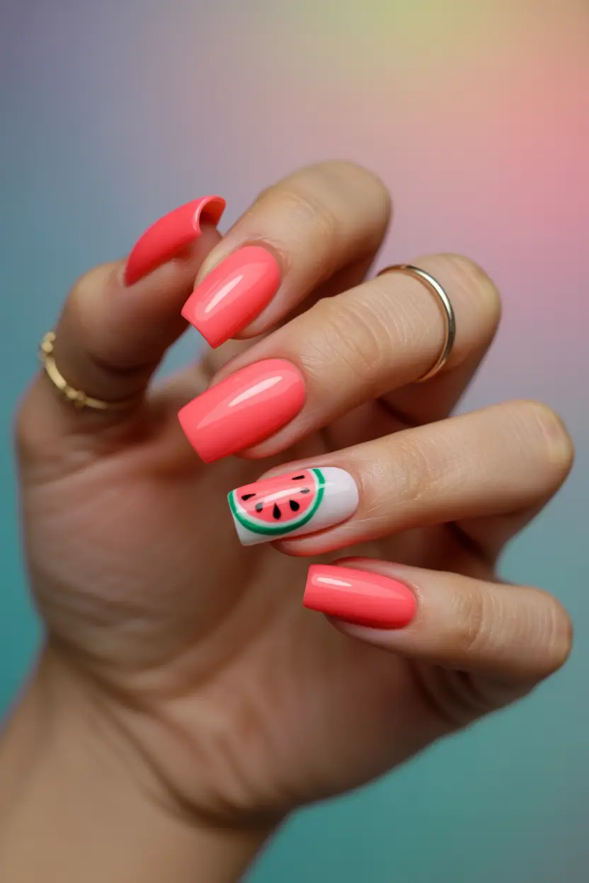 watermelon nails ideas 2025 Classic Coral Meets Watermelon Accent