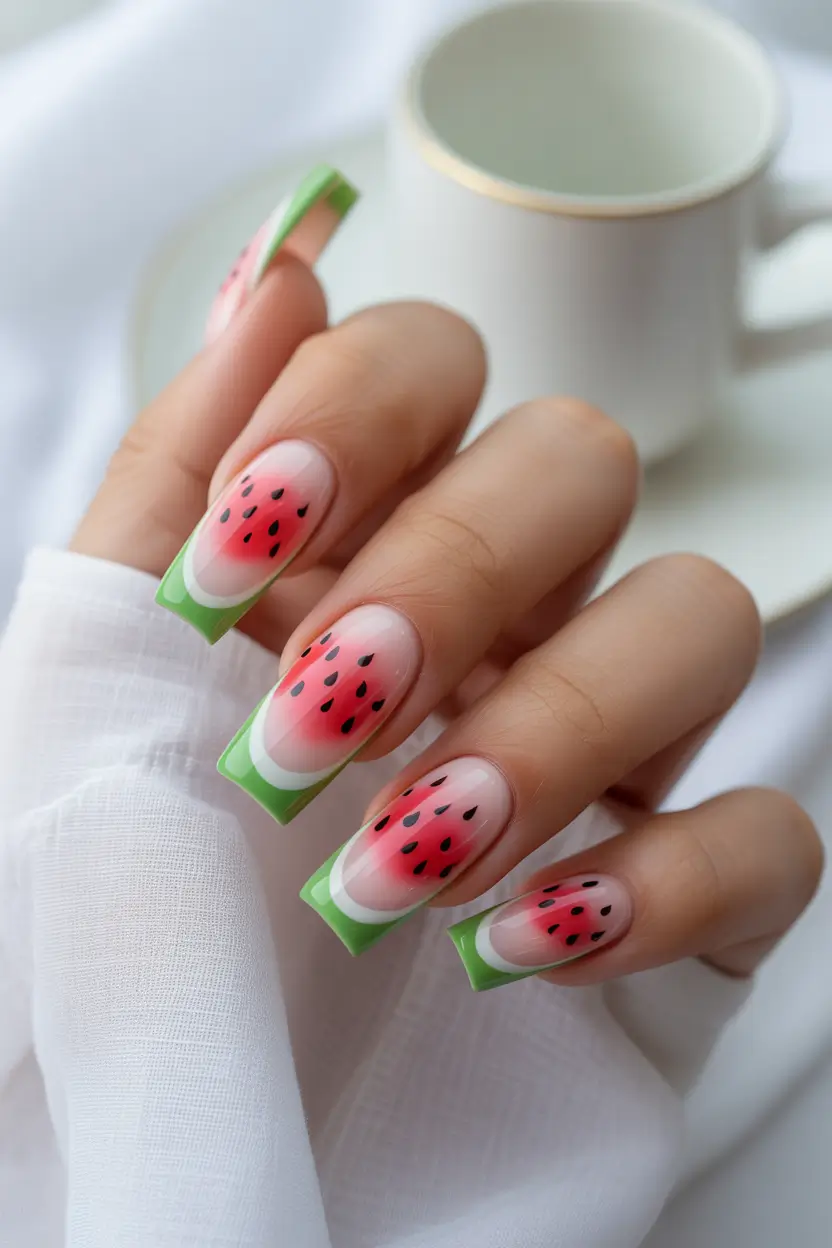 watermelon nails ideas 2025 Crisp Watermelon Fade with Bold Square Tips