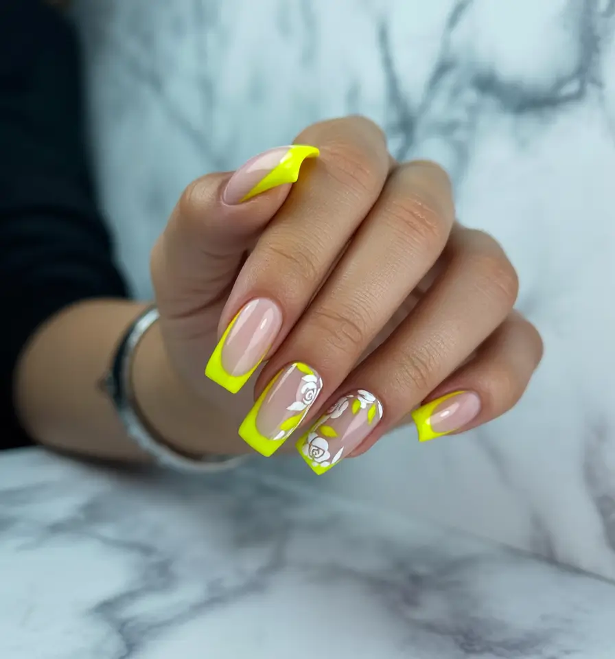 yellow summer nails ideas 2025 French Neon Blooms