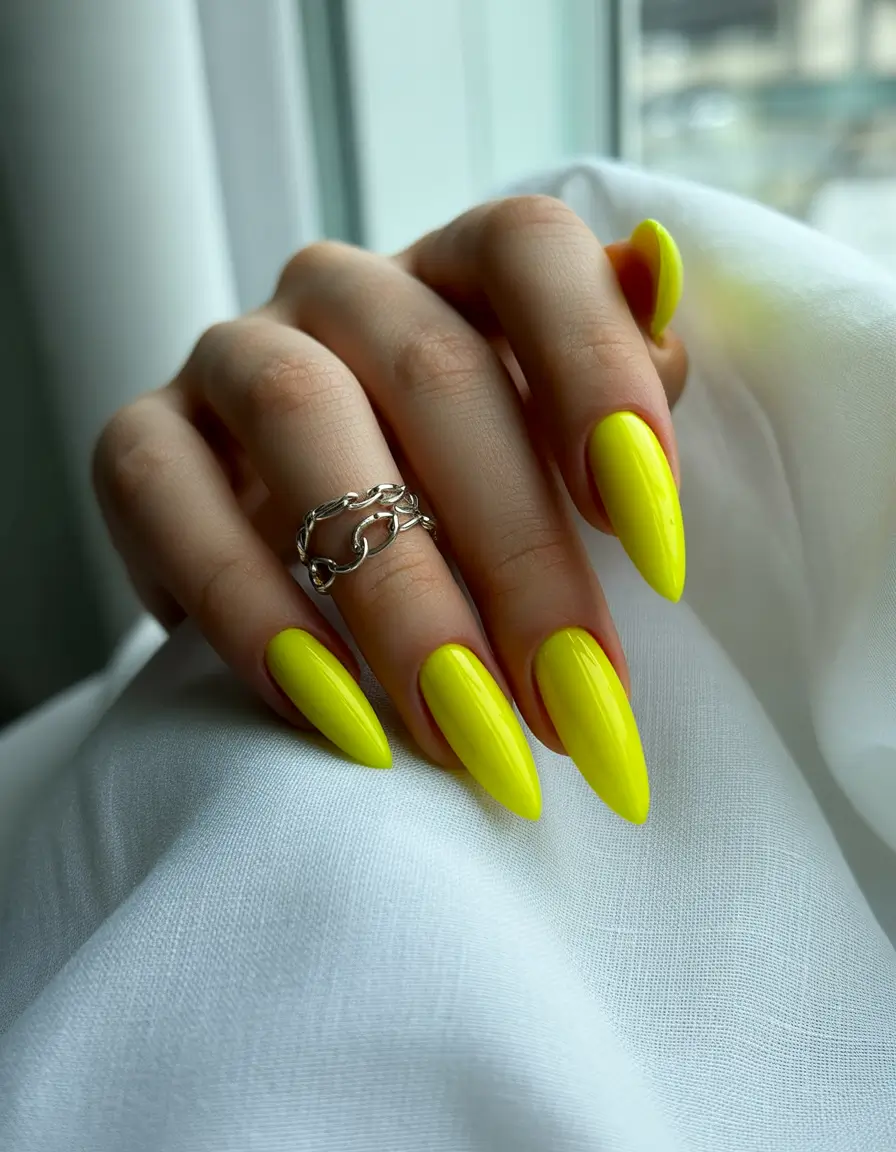 yellow summer nails ideas 2025 Fluoro Pointed Perfection