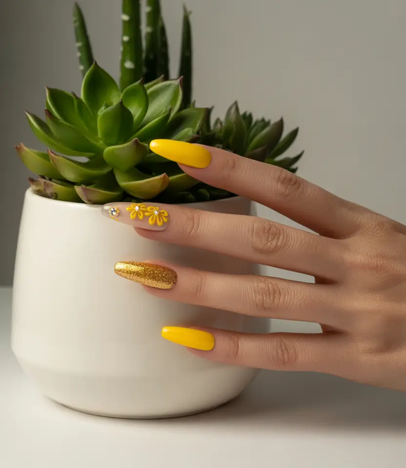 yellow summer nails ideas 2025 Sunny Petals and Glitter Pop