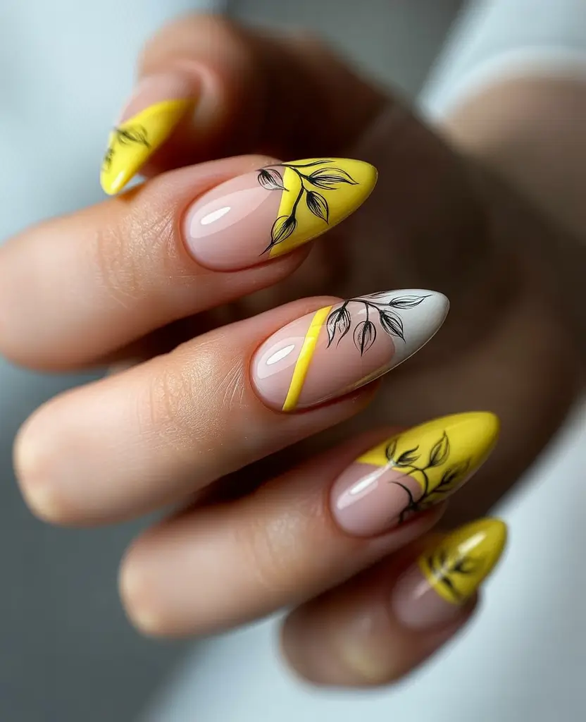 yellow summer nails ideas 2025 Graphic Botanic Flair