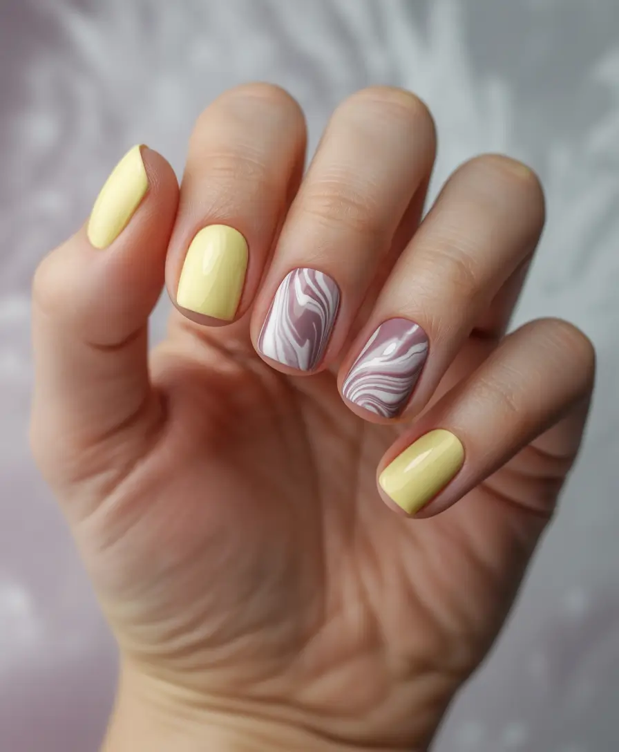 yellow summer nails ideas 2025 Marbled Chic Meets Lemon Cream