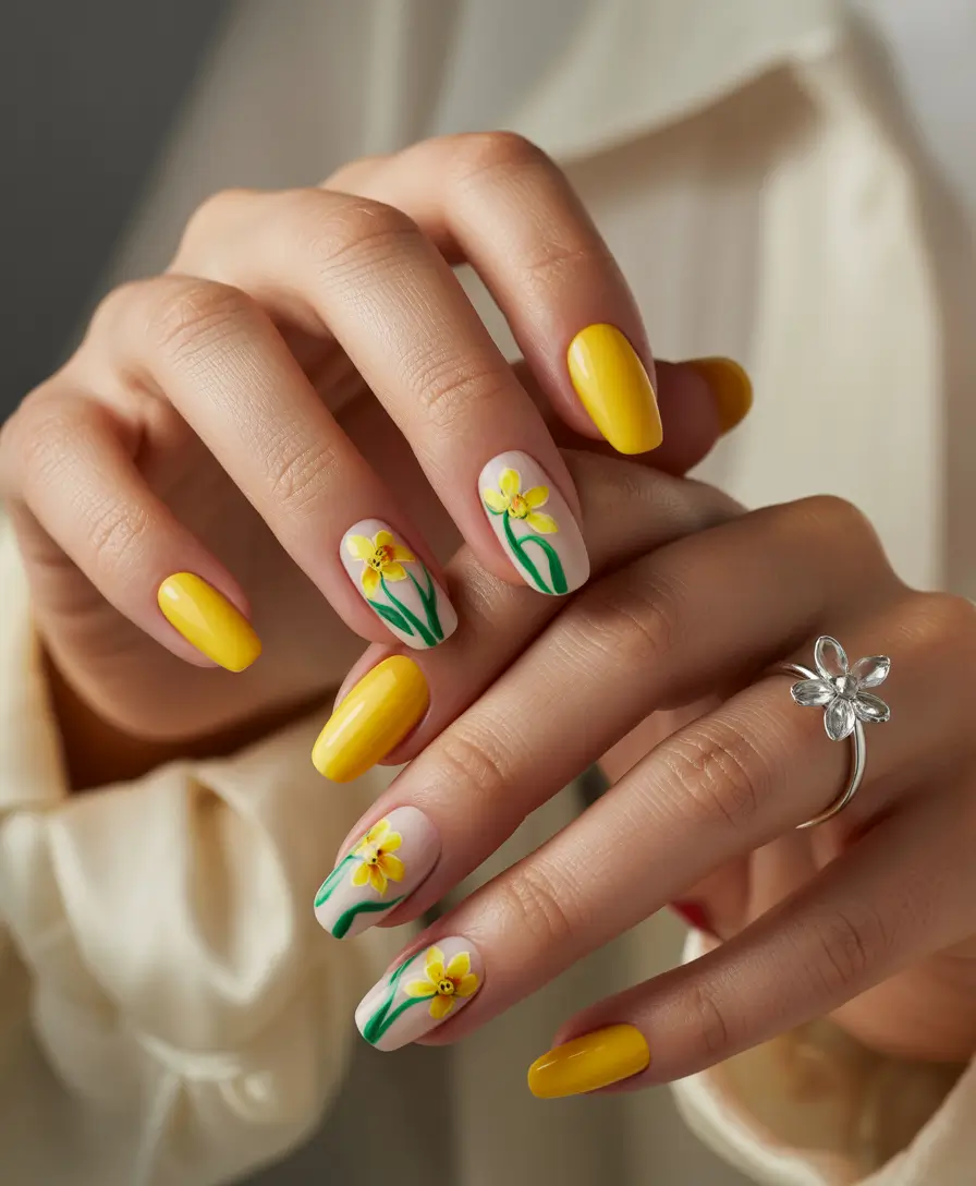 yellow summer nails ideas 2025 Botanical Blooms in Soft Yellow