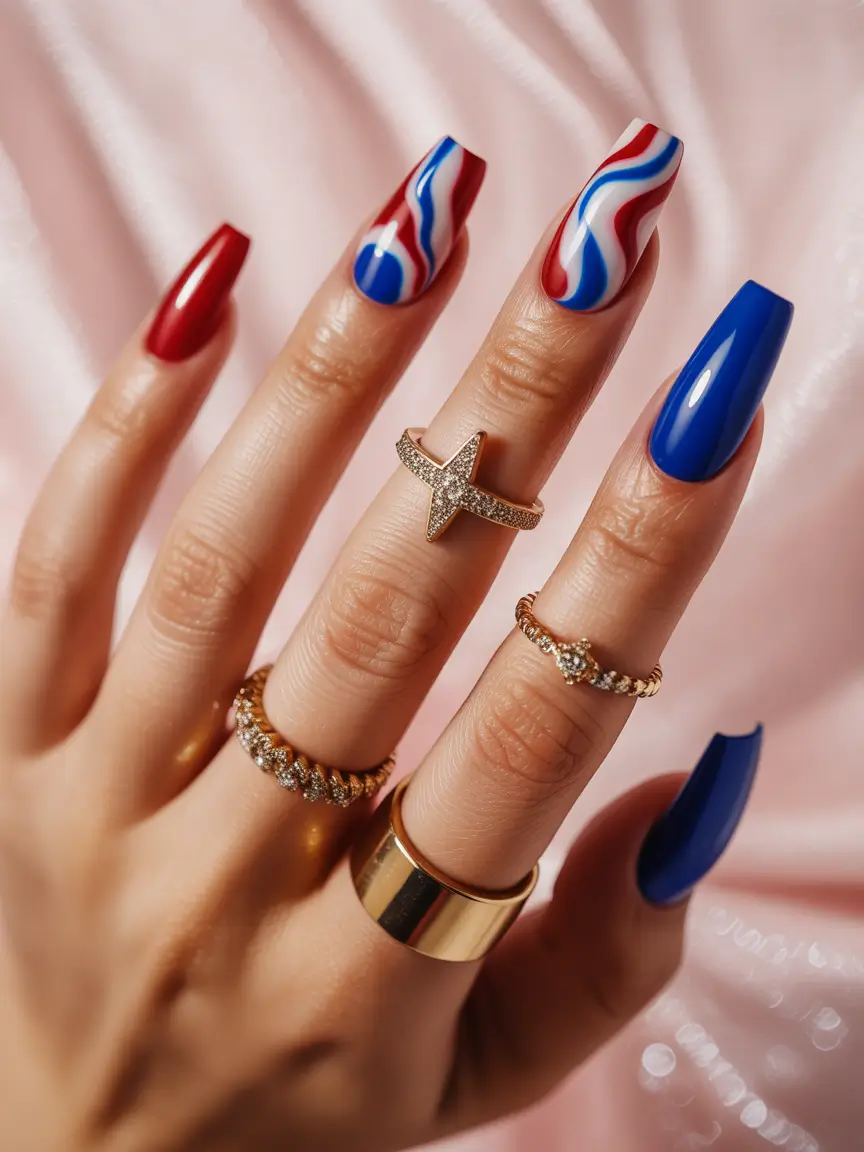 4 of july nails designs ideas 2025 Chrome Waves & Bold Patriotic Contrast