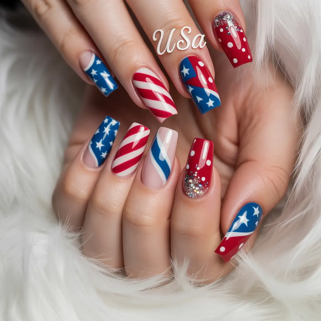 4 of july nails designs ideas 2025 Mixed Prints, Max Impact