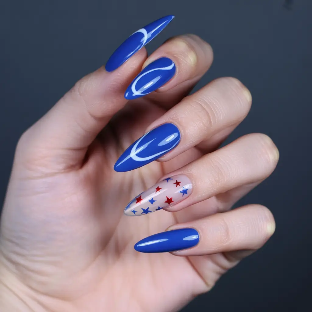 4 of july nails designs ideas 2025 Celestial Blue With Floating Stars