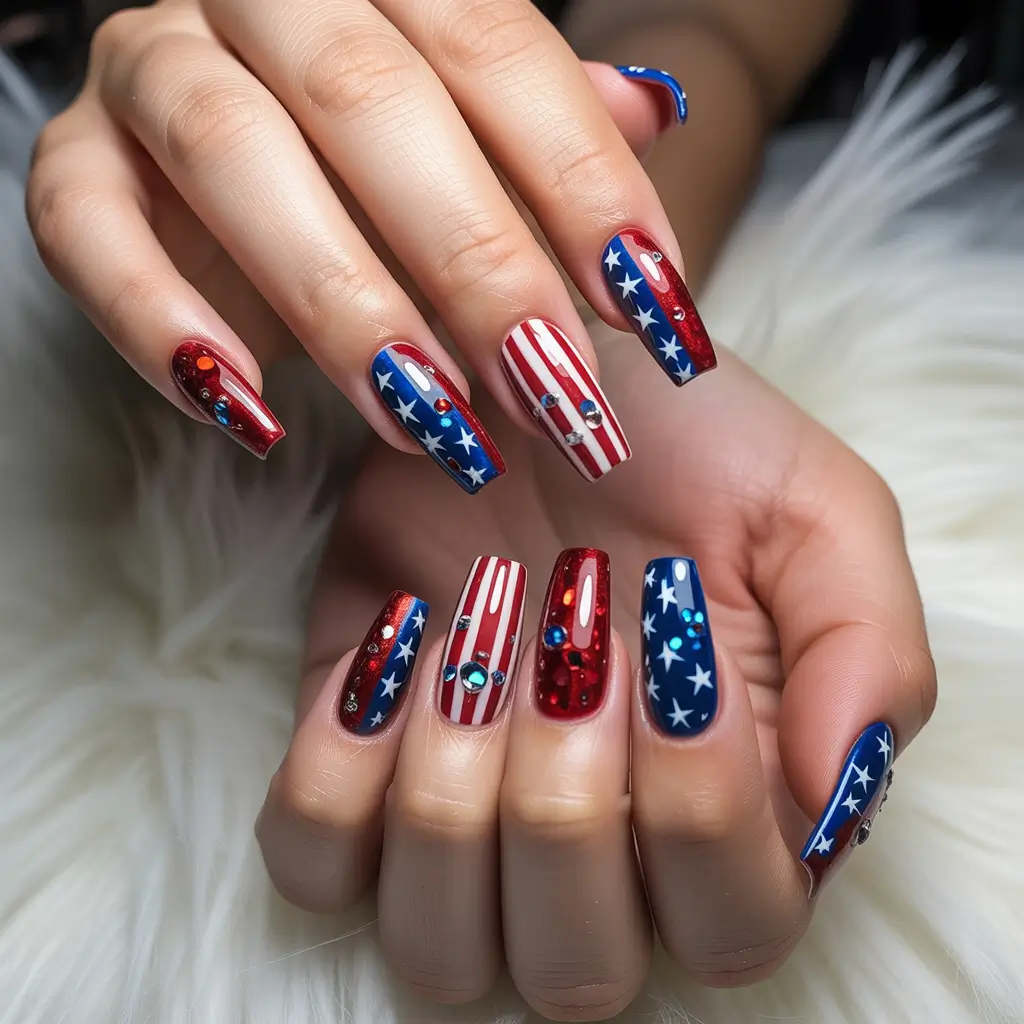 4 of july nails designs ideas 2025 Firecracker Glam With Gemstone Drama