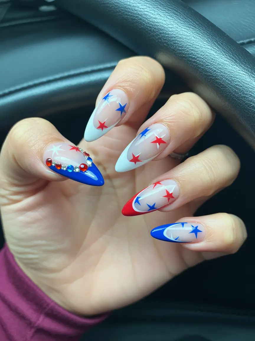 4 of july nails designs ideas 2025+Stiletto Sparkle in Red, White & Blue