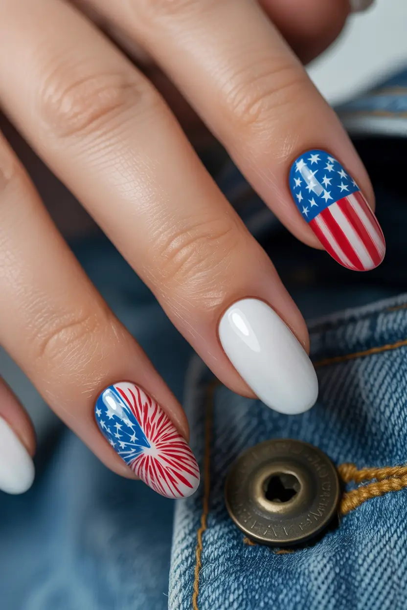 4 of july nails designs ideas 2025+Minimalist Fireworks with Patriotic Flair