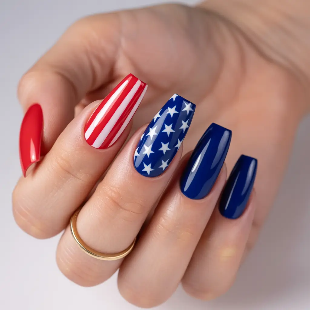 4 of july nails designs ideas 2025+Patriot Gloss with a Power Finish