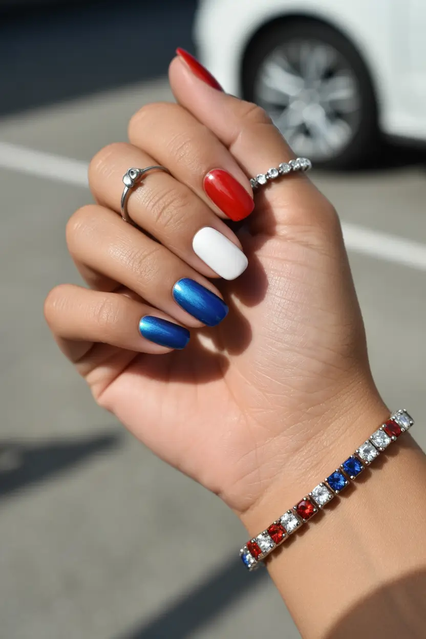 4 of july nails designs ideas 2025+Satin Sheen Simplicity