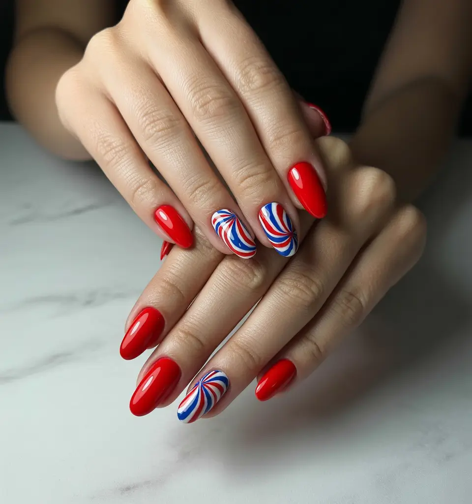 4 of july nails designs ideas 2025+Swirled in Red, White & Wow