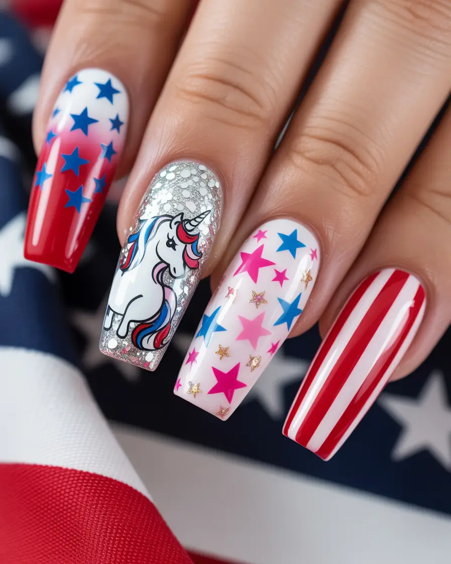 4 of july nails designs ideas 2025+Patriotic Fantasy with Stars & Unicorns