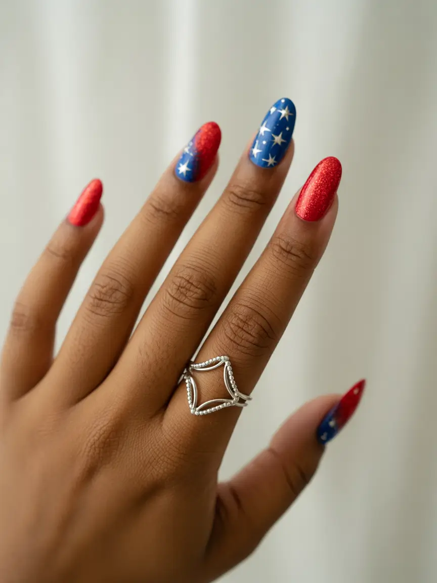 4 of july nails designs ideas 2025+Firecracker Glitter in Classic Red & Blue