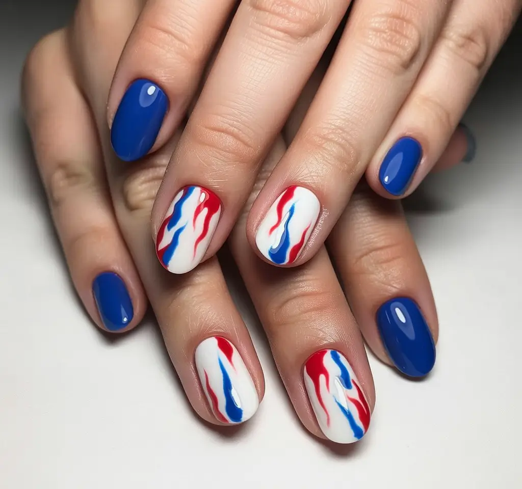 4 of july nails designs ideas 2025+Painterly Waves of Red, White & Blue