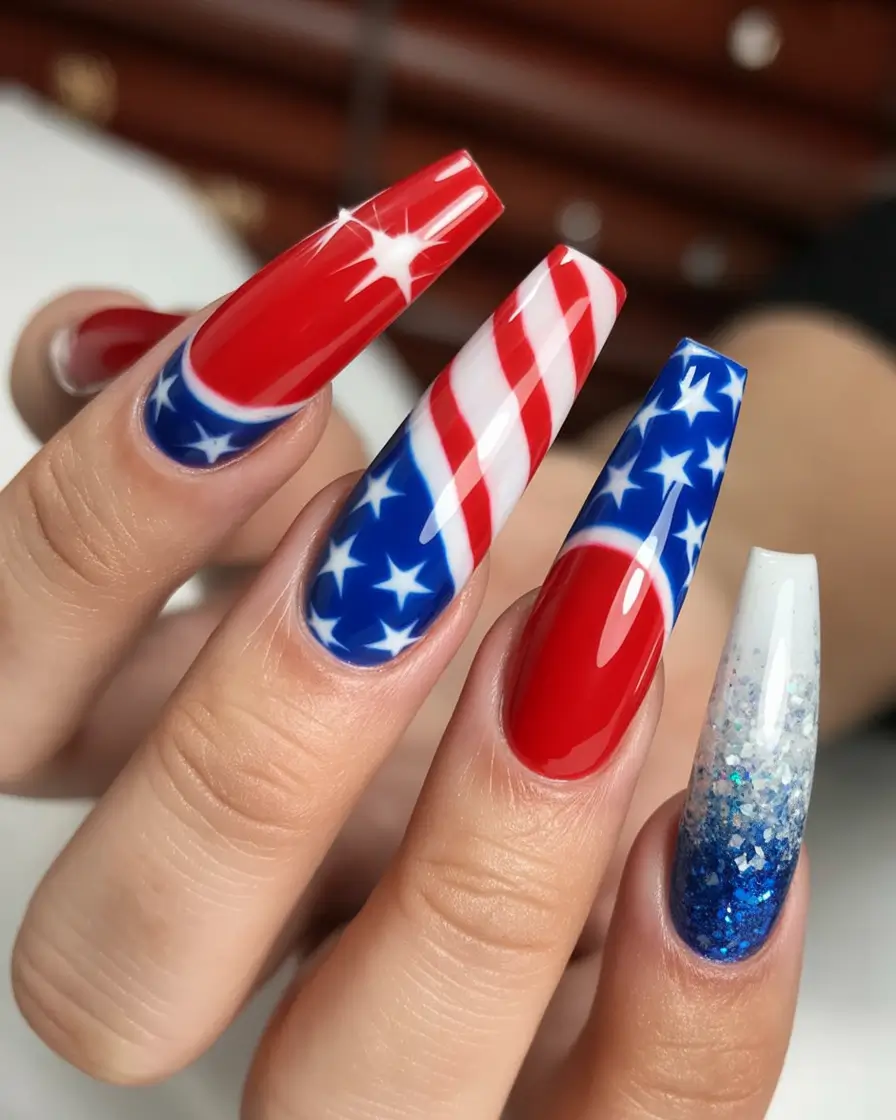 4 of july nails designs ideas 2025+Stars, Stripes, and Sparkle Overload