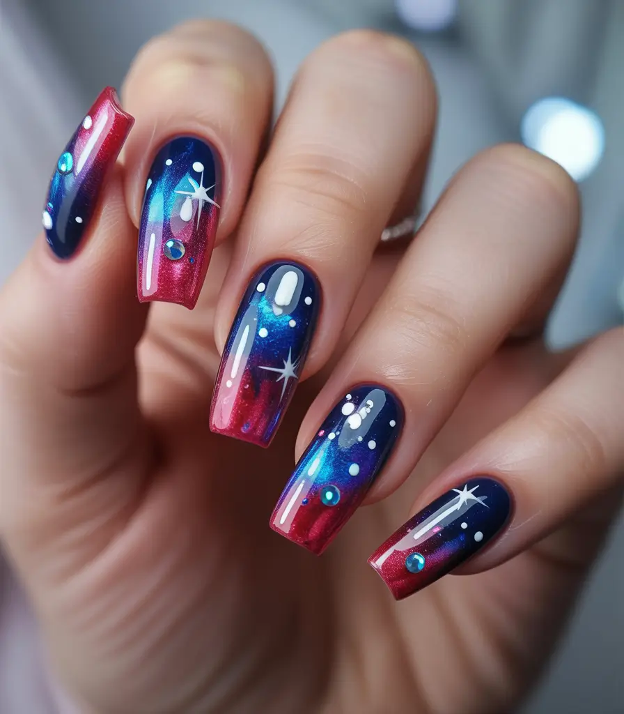 4 of july nails designs ideas 2025 Galaxy Fireworks Meets Starry Dreams