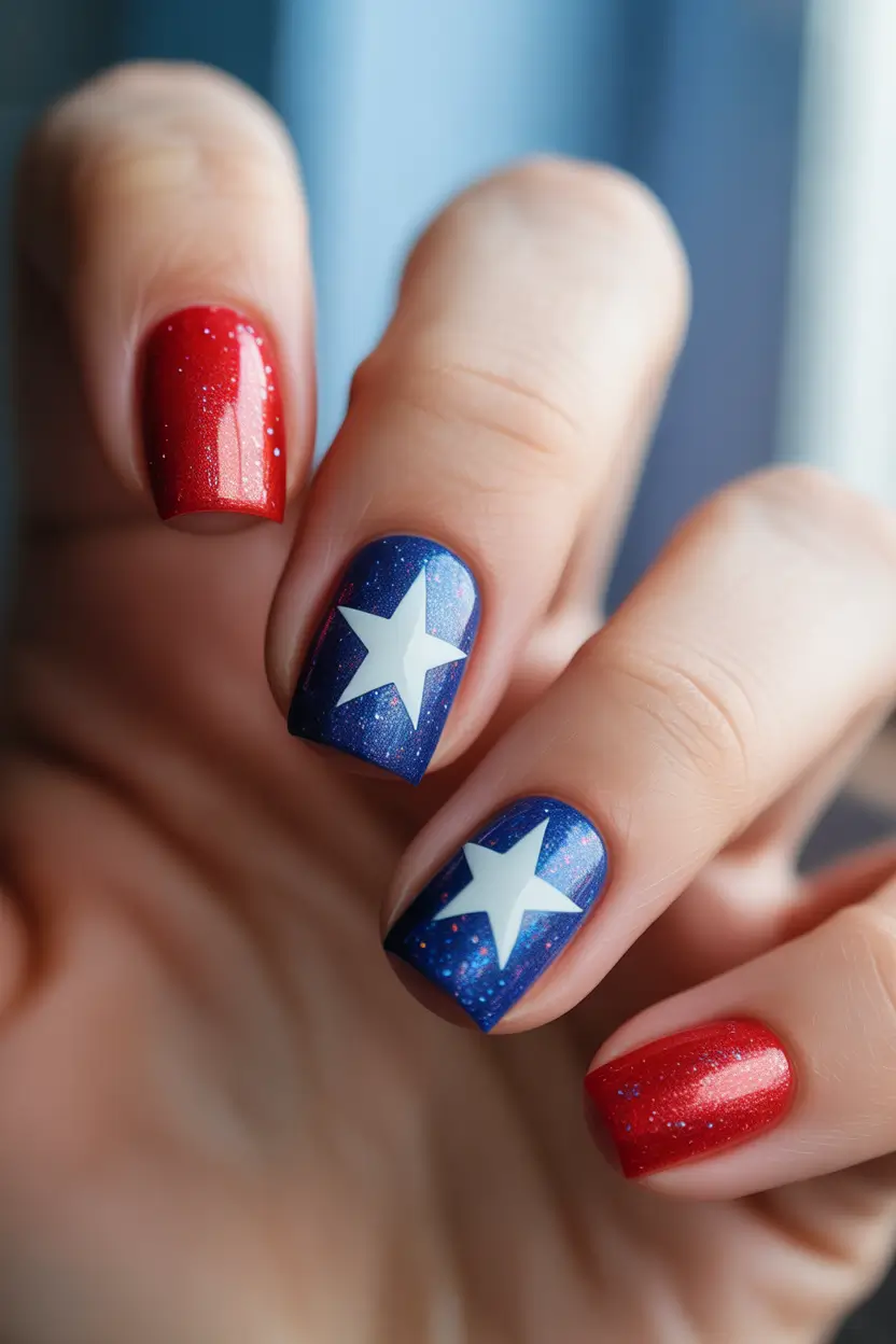 4 of july nails designs ideas 2025 Minimalist Glitter with a Bold Star Statement