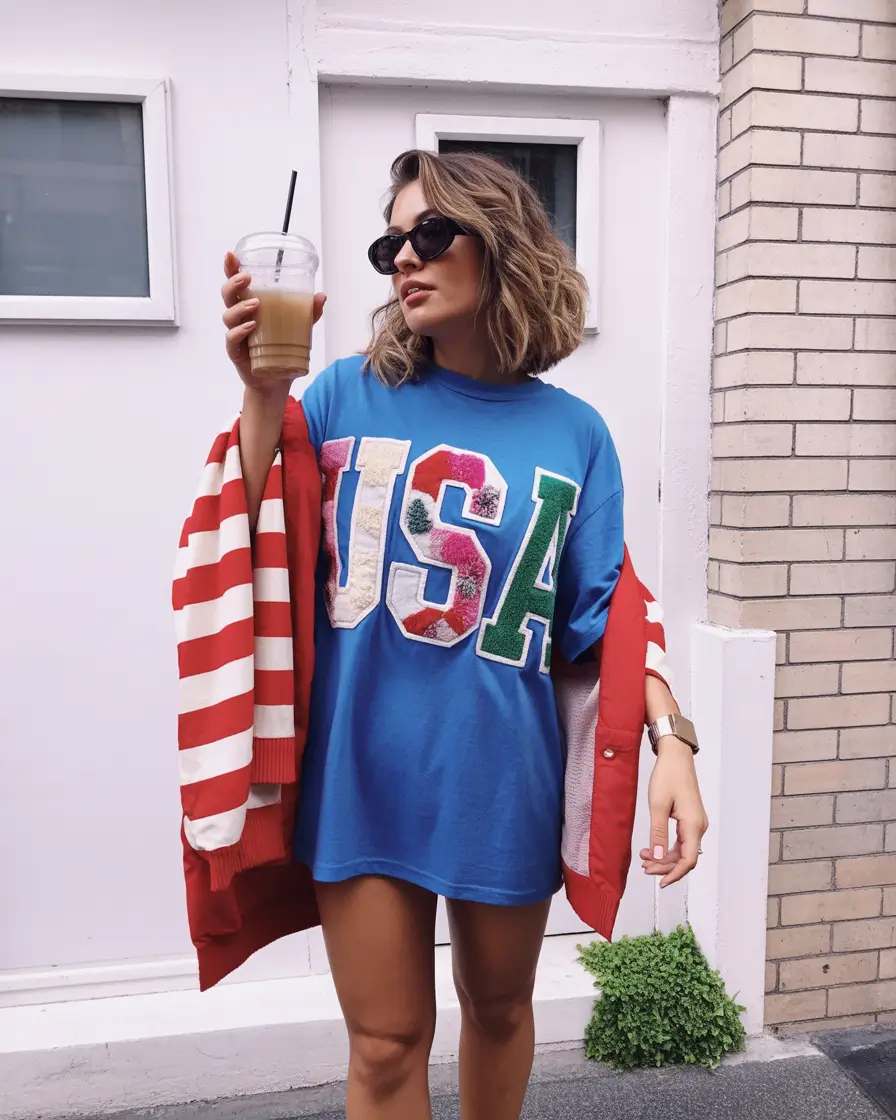 4 of july outfits ideas 2025 Oversized-Cool-Patriotic-Coffee-Run